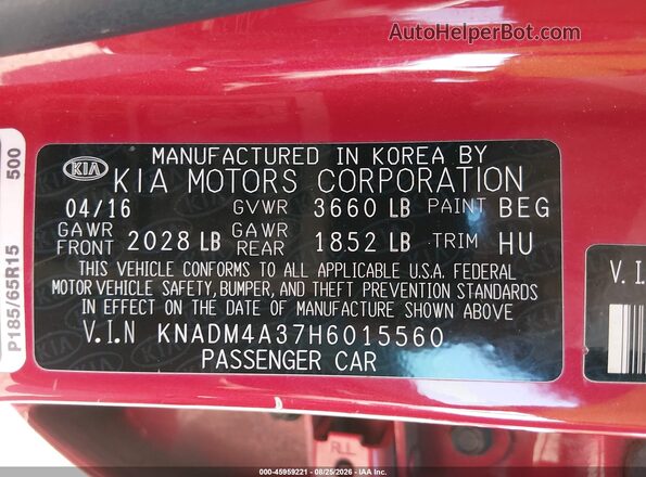 KNADM4A37H6015560 2017 KIA RIO Red ძრავის განყოფილების ხედი