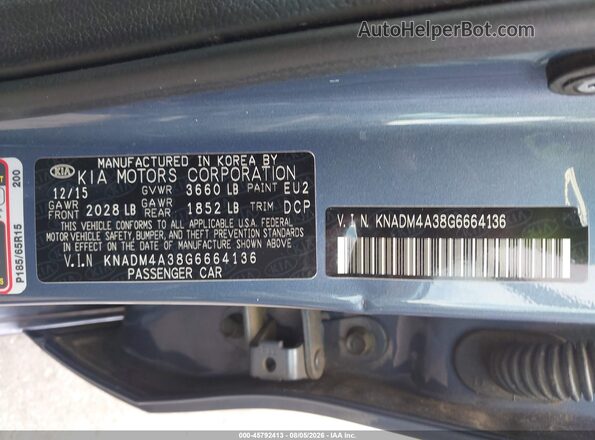 KNADM4A38G6664136 2016 KIA RIO Blue Շարժիչի բաժամունքի տեսք