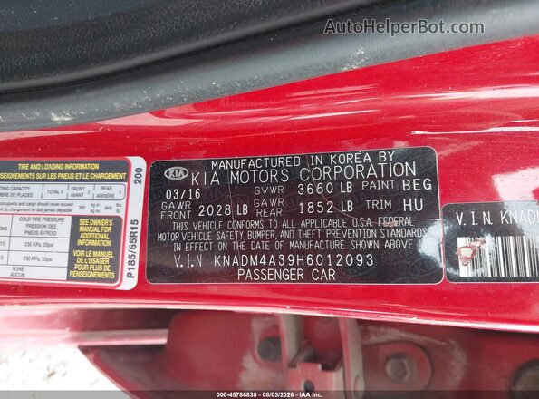 KNADM4A39H6012093 2017 KIA RIO Red Widok komory silnika