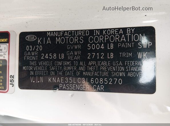 KNAE35LC3L6085270 2020 KIA STINGER White Вид підкапотного простору