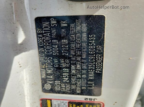 KNAE35LC9L6085435 2020 KIA STINGER White Вид підкапотного простору