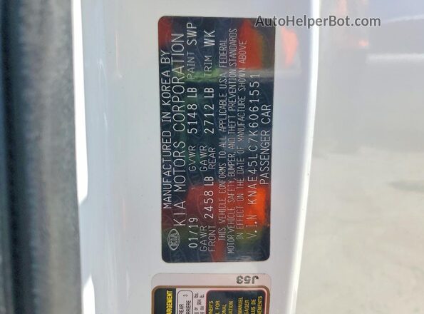 KNAE45LC7K6061551 2019 KIA STINGER White Вид підкапотного простору