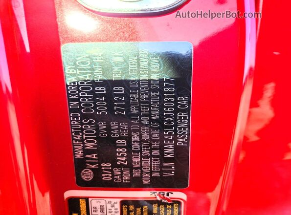 KNAE45LCXJ6031877 2018 KIA STINGER Red Vista de la etiqueta del VIN
