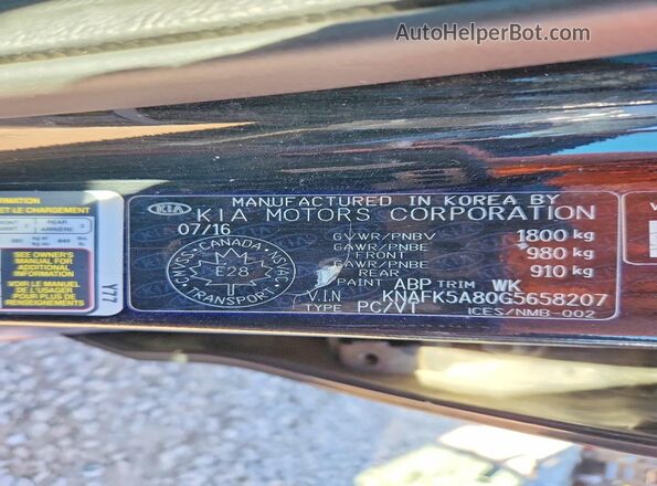 KNAFK5A80G5658207 2016 KIA FORTE Black Widok naklejki z numerem VIN