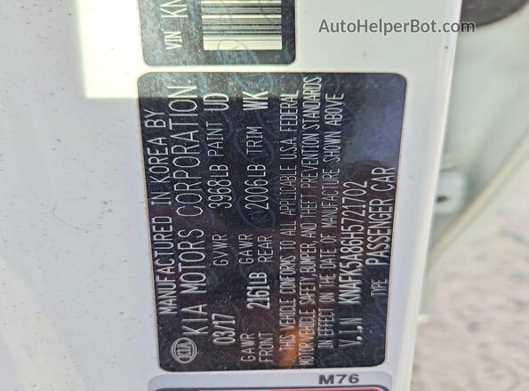 KNAFK5A86H5721702 2017 KIA FORTE White Widok naklejki z numerem VIN