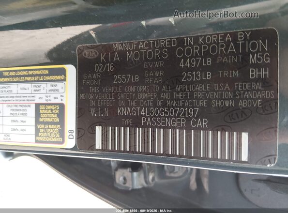 KNAGT4L30G5072197 2016 KIA OPTIMA Gray Widok komory silnika