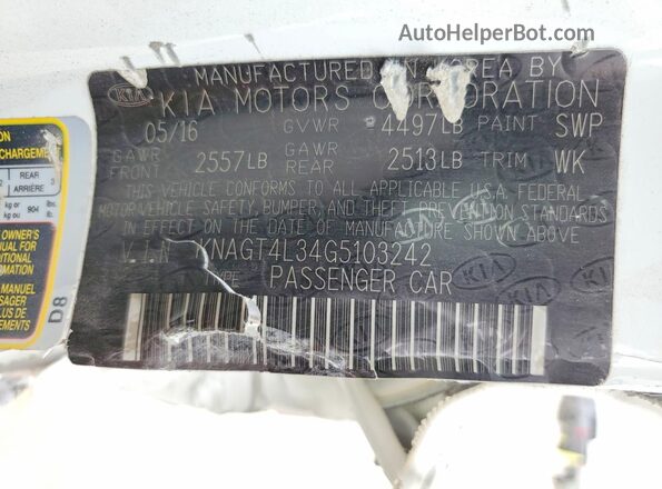 KNAGT4L34G5103242 2016 KIA OPTIMA White VIN კოდის სტიკერის ხედი