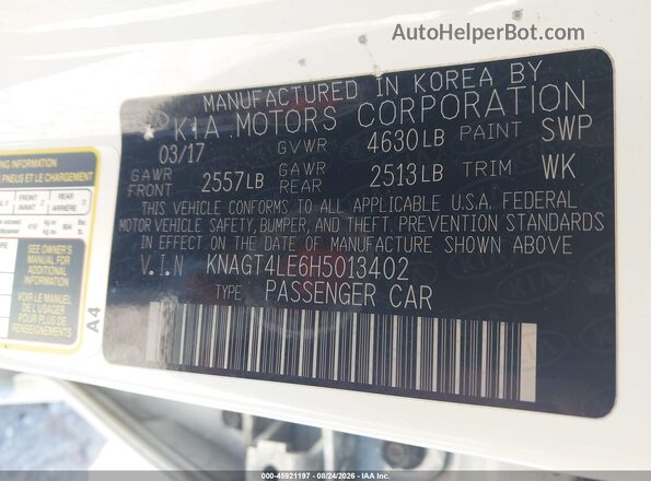 KNAGT4LE6H5013402 2017 KIA OPTIMA White Vista del compartimento del motor