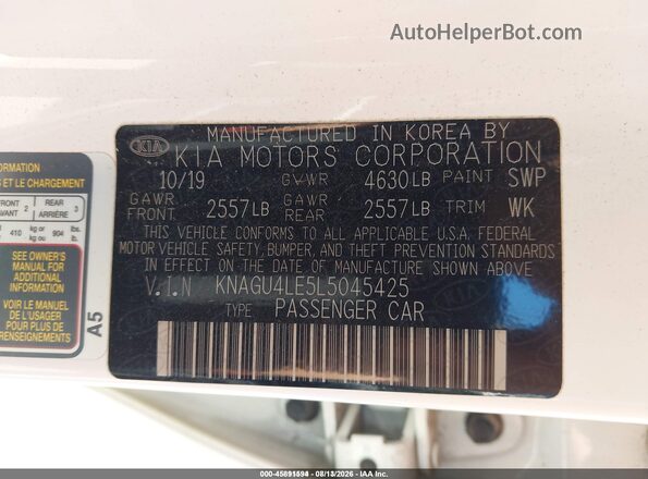 KNAGU4LE5L5045425 2020 KIA OPTIMA HYBRID White ძრავის განყოფილების ხედი