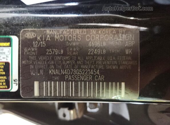 KNALN4D73G5221454 2016 KIA CADENZA Черный Вид наклейки с VIN-кодом