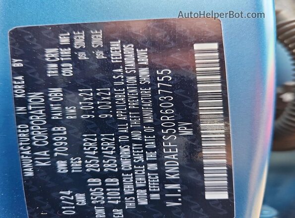 KNDAEFS50R6037755 2024 KIA EV9 Blue VIN կոդի պիտակի տեսք