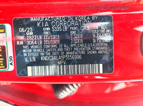 KNDC34LA1P5156996 2023 KIA EV6 Red VIN sticker view