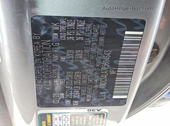 KNDC34LA7P5604643 2023 KIA EV6 Gray Вид наклейки з VIN-кодом