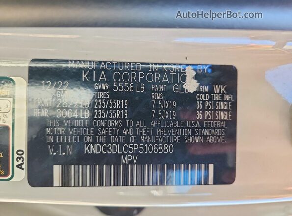 KNDC3DLC5P5106880 2023 KIA EV6 Silver Widok naklejki z numerem VIN