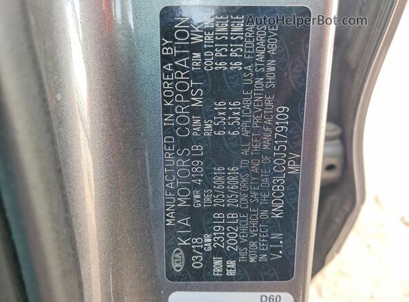 KNDCB3LC0J5179109 2018 KIA NIRO Gray Widok naklejki z numerem VIN
