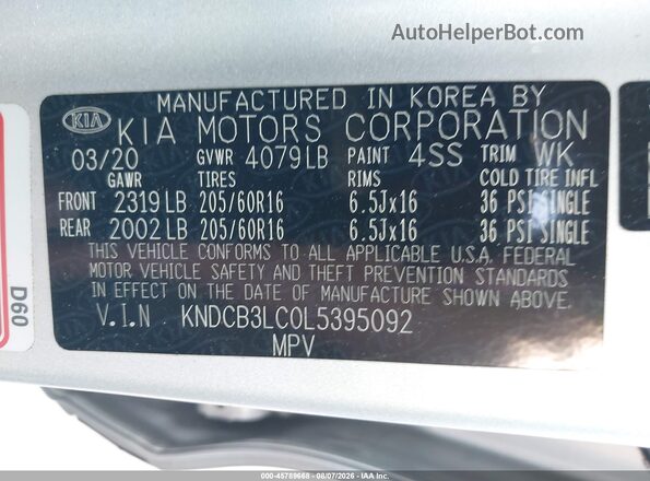 KNDCB3LC0L5395092 2020 KIA NIRO Silver ძრავის განყოფილების ხედი
