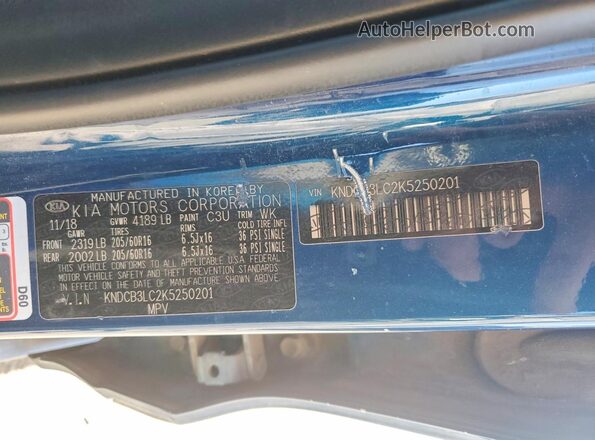 KNDCB3LC2K5250201 2019 KIA NIRO Blue Widok naklejki z numerem VIN