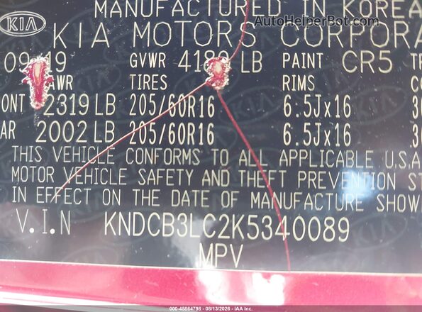 KNDCB3LC2K5340089 2019 KIA NIRO Red ძრავის განყოფილების ხედი