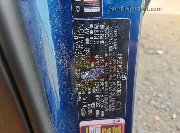 KNDCB3LC2K5345549 2019 KIA NIRO Blue VIN კოდის სტიკერის ხედი