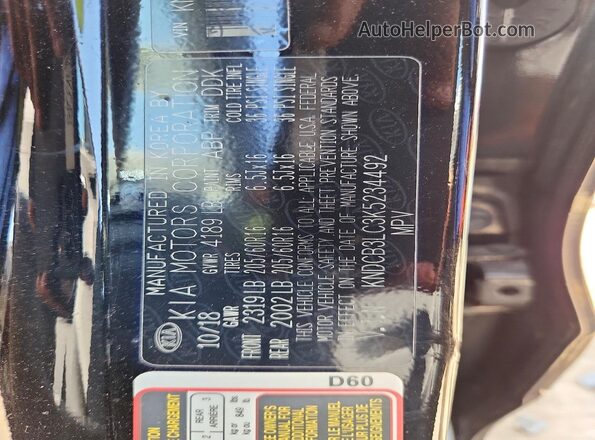 KNDCB3LC3K5234492 2019 KIA NIRO Black VIN კოდის სტიკერის ხედი