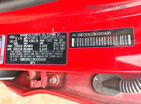KNDCB3LC3K5315430 2019 KIA NIRO Red Շարժիչի բաժամունքի տեսք
