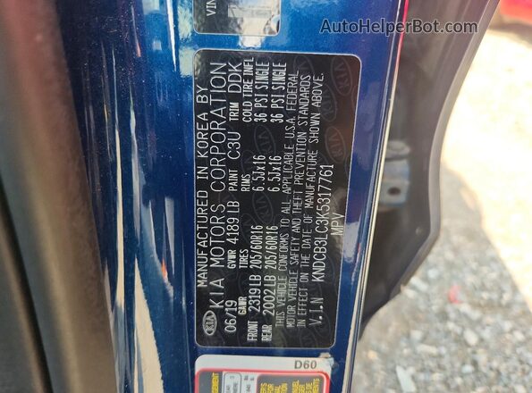 KNDCB3LC3K5317761 2019 KIA NIRO Blue VIN კოდის სტიკერის ხედი