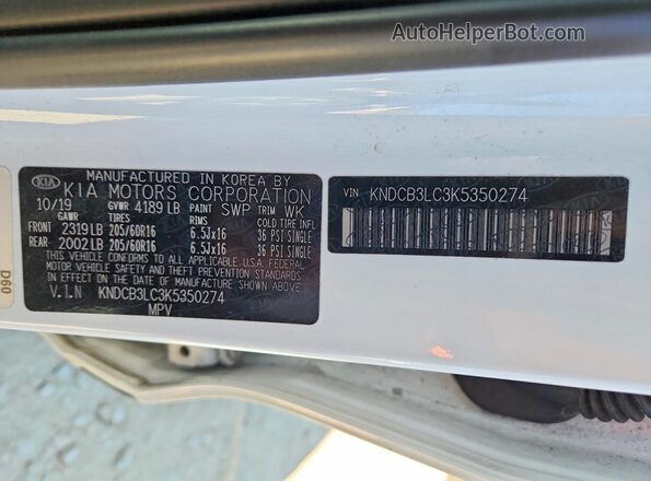 KNDCB3LC3K5350274 2019 KIA NIRO White Вид наклейки з VIN-кодом