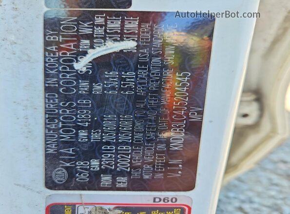 KNDCB3LC4J5204545 2018 KIA NIRO White Widok naklejki z numerem VIN