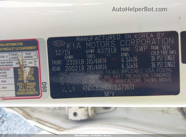 KNDCB3LCXL5371611 2020 KIA NIRO White Вид підкапотного простору
