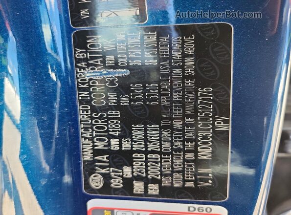 KNDCC3LC1J5127176 2018 KIA NIRO Blue VIN կոդի պիտակի տեսք