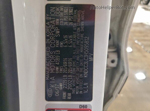 KNDCC3LC3H5095812 2017 KIA NIRO White Vista de la etiqueta del VIN