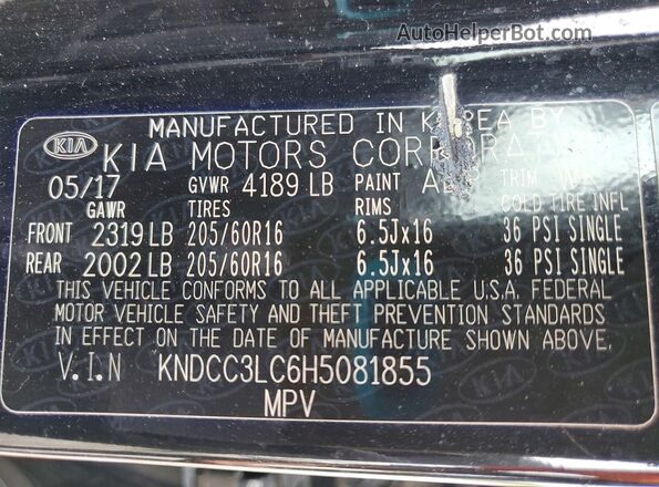 KNDCC3LC6H5081855 2017 KIA NIRO Black Вид наклейки з VIN-кодом