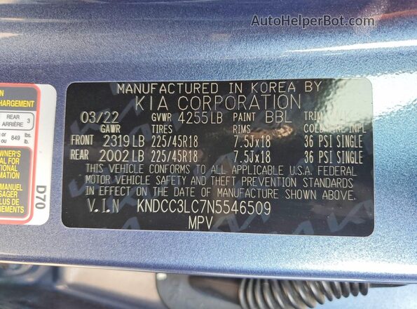 KNDCC3LC7N5546509 2022 KIA NIRO Blue Vista de la etiqueta del VIN
