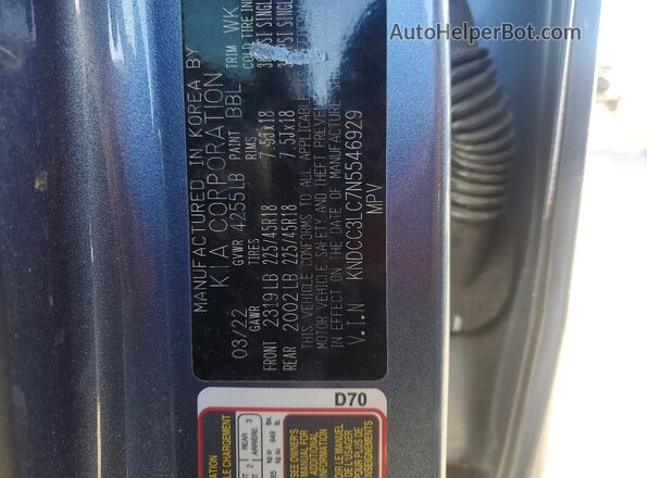 KNDCC3LC7N5546929 2022 KIA NIRO Blue VIN კოდის სტიკერის ხედი