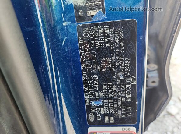 KNDCC3LD1L5432432 2020 KIA NIRO Blue Widok naklejki z numerem VIN