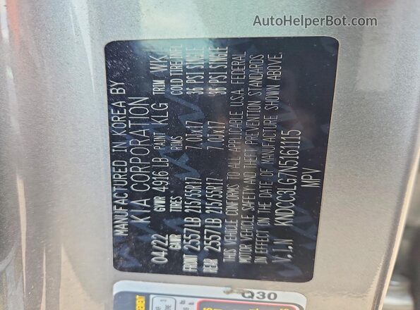 KNDCC3LG7N5161115 2022 KIA NIRO Silver Widok naklejki z numerem VIN