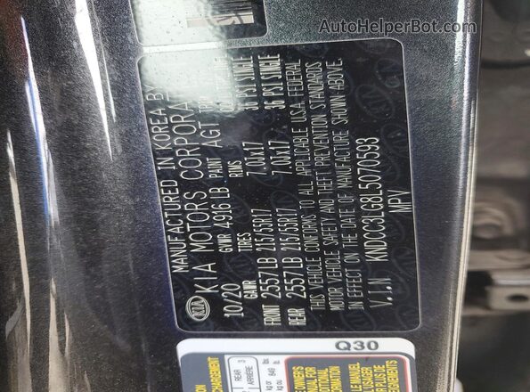 KNDCC3LG8L5070593 2020 KIA NIRO Gray VIN կոդի պիտակի տեսք