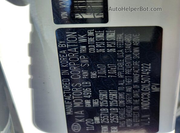 KNDCC3LGXL5074922 2020 KIA NIRO White VIN კოდის სტიკერის ხედი