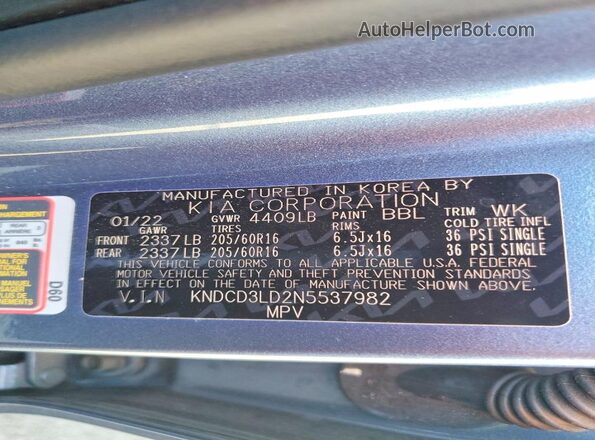 KNDCD3LD2N5537982 2022 KIA NIRO Blue Widok naklejki z numerem VIN