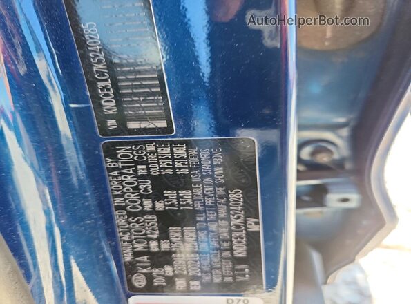 KNDCE3LC7K5240285 2019 KIA NIRO Blue VIN կոդի պիտակի տեսք