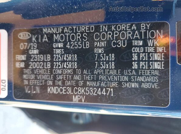 KNDCE3LC8K5324471 2019 KIA NIRO Blue ძრავის განყოფილების ხედი