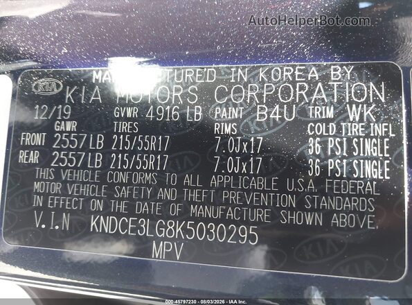 KNDCE3LG8K5030295 2019 KIA NIRO EV Dark Blue Շարժիչի բաժամունքի տեսք