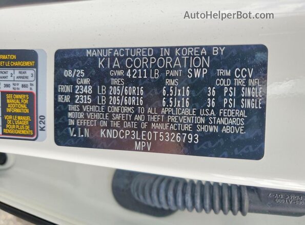 KNDCP3LE0T5326793 2026 KIA NIRO White Вид наклейки з VIN-кодом