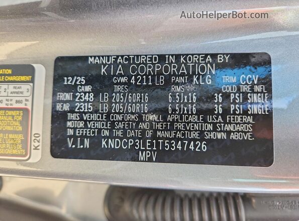 KNDCP3LE1T5347426 2026 KIA NIRO Silver Widok naklejki z numerem VIN