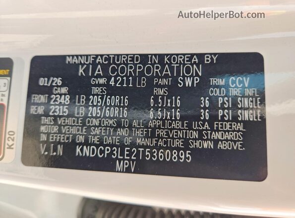 KNDCP3LE2T5360895 2026 KIA NIRO White VIN კოდის სტიკერის ხედი