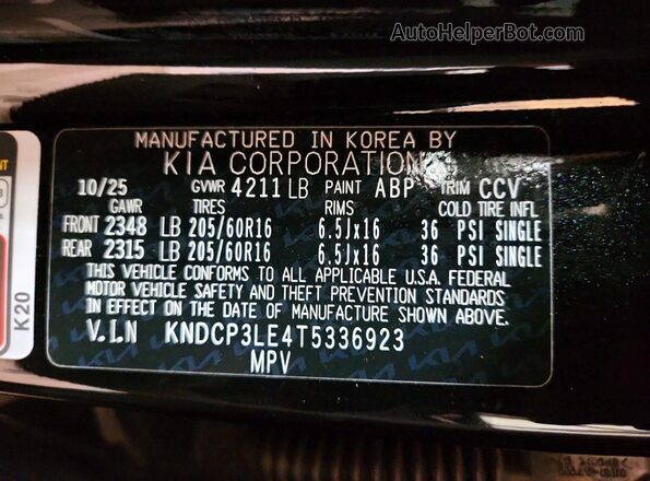 KNDCP3LE4T5336923 2026 KIA NIRO Black Vista de la etiqueta del VIN