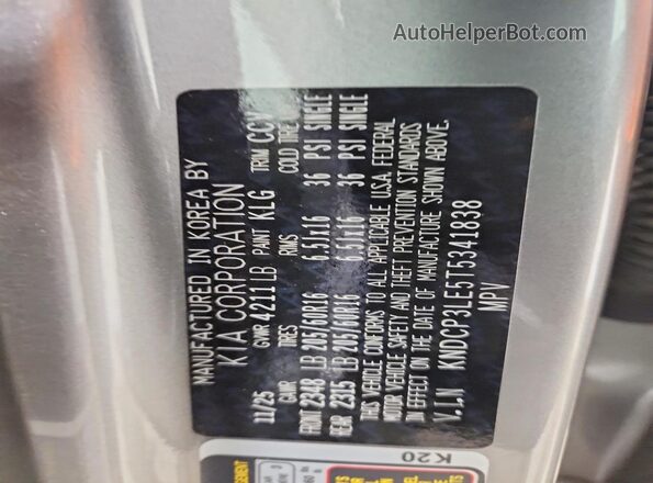 KNDCP3LE5T5341838 2026 KIA NIRO Silver VIN sticker view