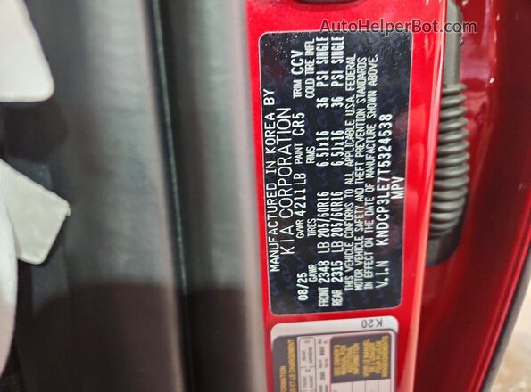 KNDCP3LE7T5324538 2026 KIA NIRO Red Vista de la etiqueta del VIN