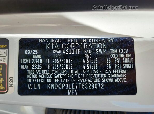 KNDCP3LE7T5328072 2026 KIA NIRO White Vista de la etiqueta del VIN