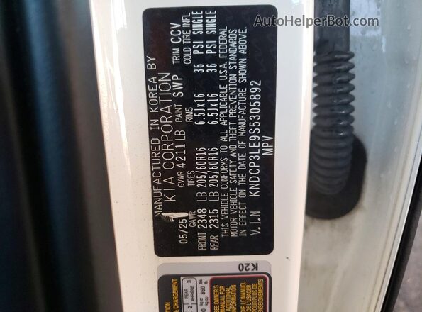 KNDCP3LE9S5305892 2025 KIA NIRO White Vista de la etiqueta del VIN
